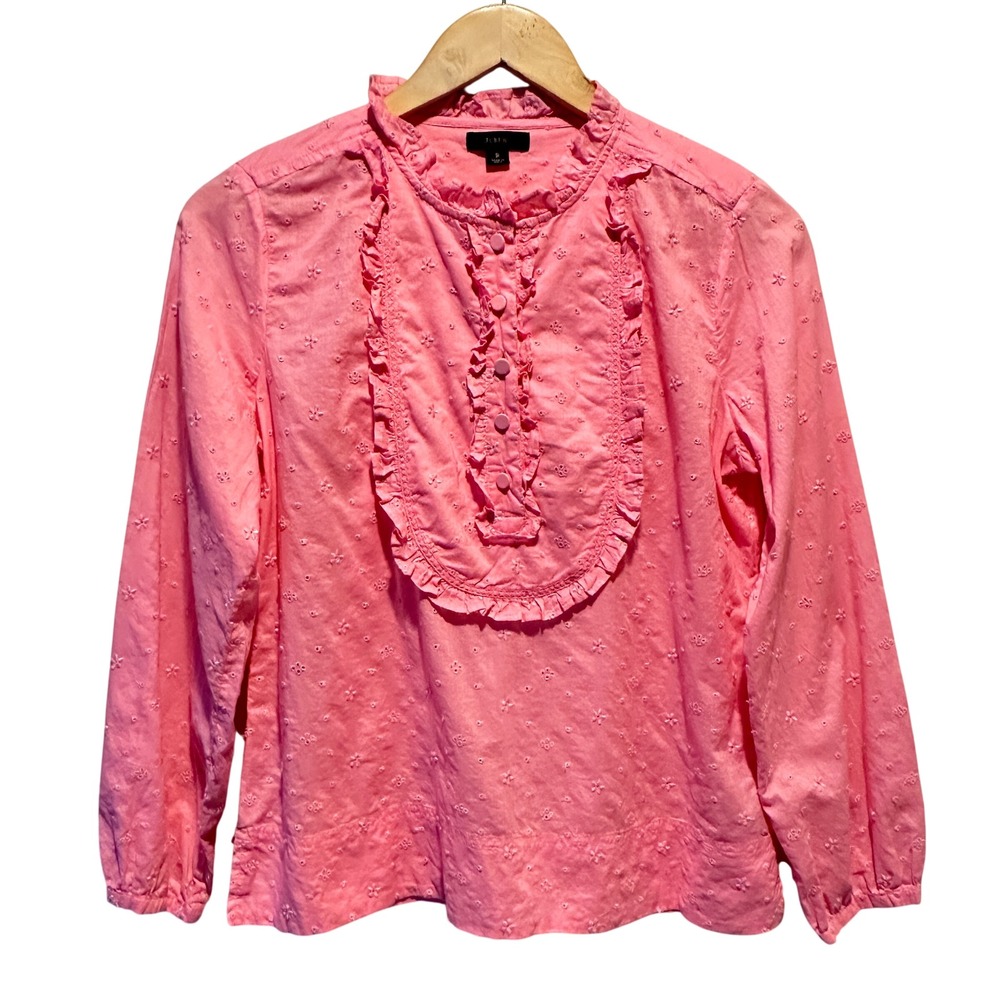 J.Crew Eyelet Ruffle Bib Blouse Womens Small Pink Long Sleeve Cotton Peasant Top